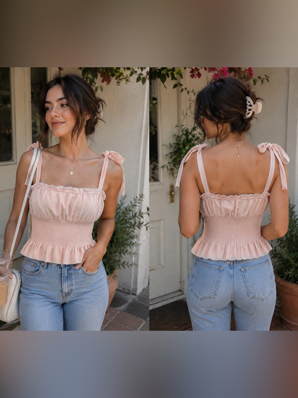 Aritzia Wilfred Blush Pink Smocked Tie-Shoulder Peplum Top Romantic Sz M - Picture 3 of 14